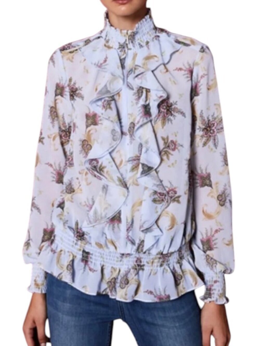 Ted Baker Jorilee Blue Moon Ruffle Blouse Sz 1 S Oversized Paisley 19” PTP